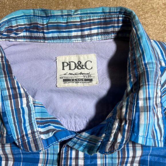 PD&C Men Large Blue Plaid Button-Up Collared Pocket Long Sleeve Causal‎ Shirt - Picture 2 of 7